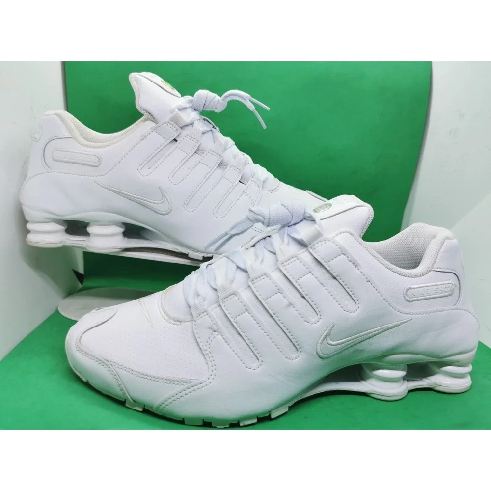 Nike Shox NZ Shoes Mens Sz 10.5 Triple White Leather Athletic Sneaker 378341-128